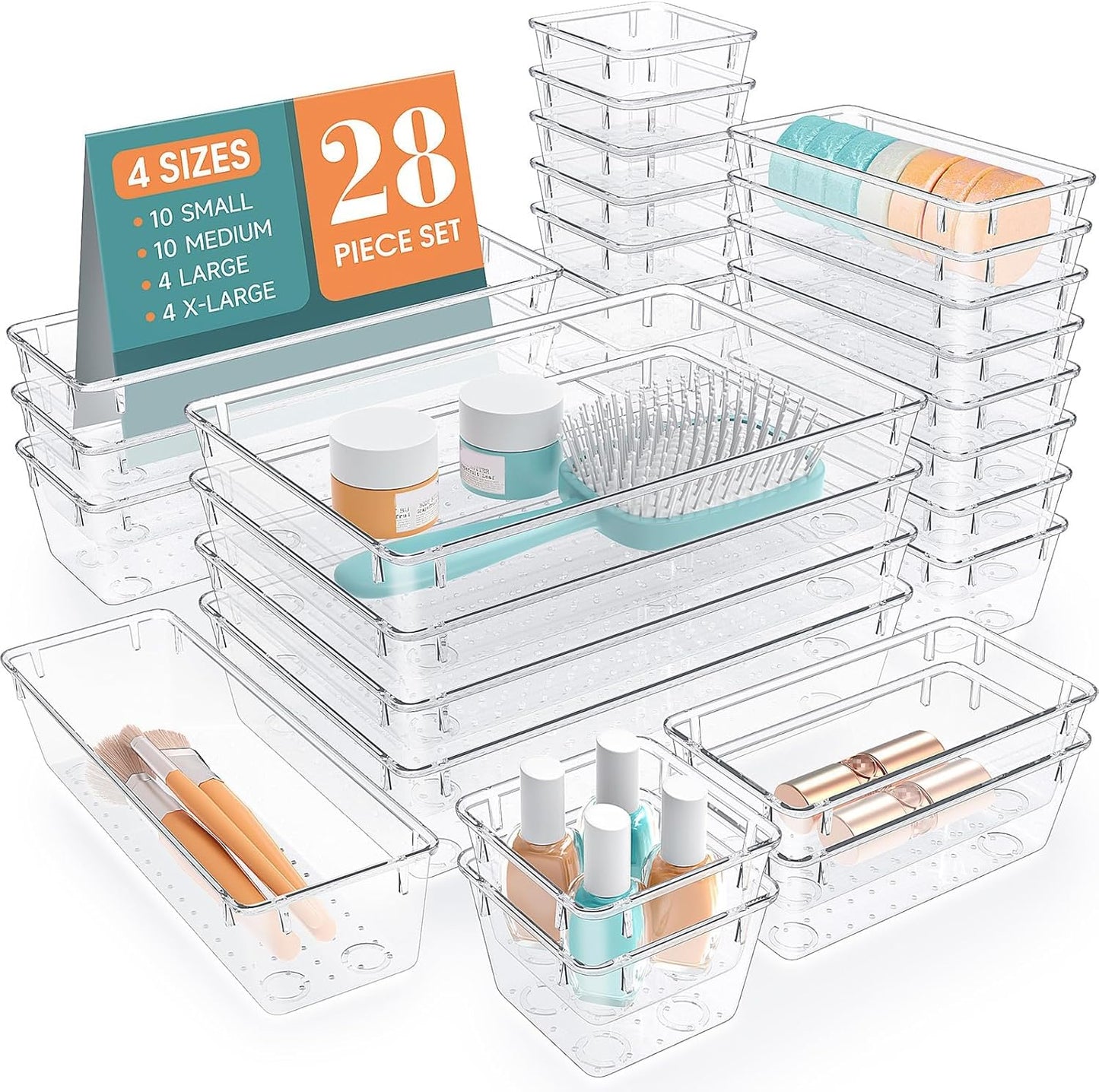 Stormiracle 28 PCS Clear Plastic Drawer Organizers Set, 4 Size Desk Drawer Organizer Trays for Makeup, Jewelry, Kitchen Utensils, Gadgets and Office Accessories