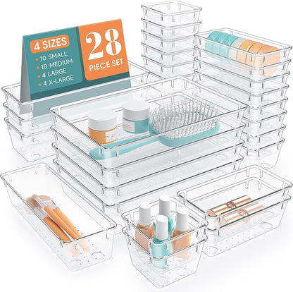 Stormiracle 28 PCS Clear Plastic Drawer Organizers Set, 4 Size Desk Drawer Organizer Trays for Makeup, Jewelry, Kitchen Utensils, Gadgets and Office Accessories
