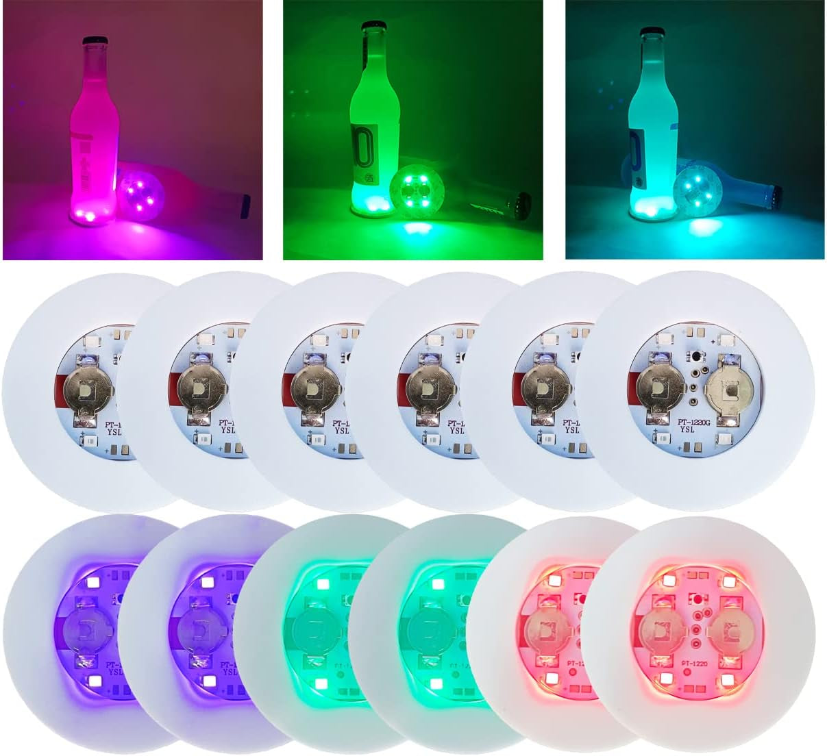 HANCIRCLE LED Coaster Colorful,12 Pack Light up Coasters,Led Sticker Lights,Wine Bottle Lights,For Drinks,Bar Accessories,Party,Wedding