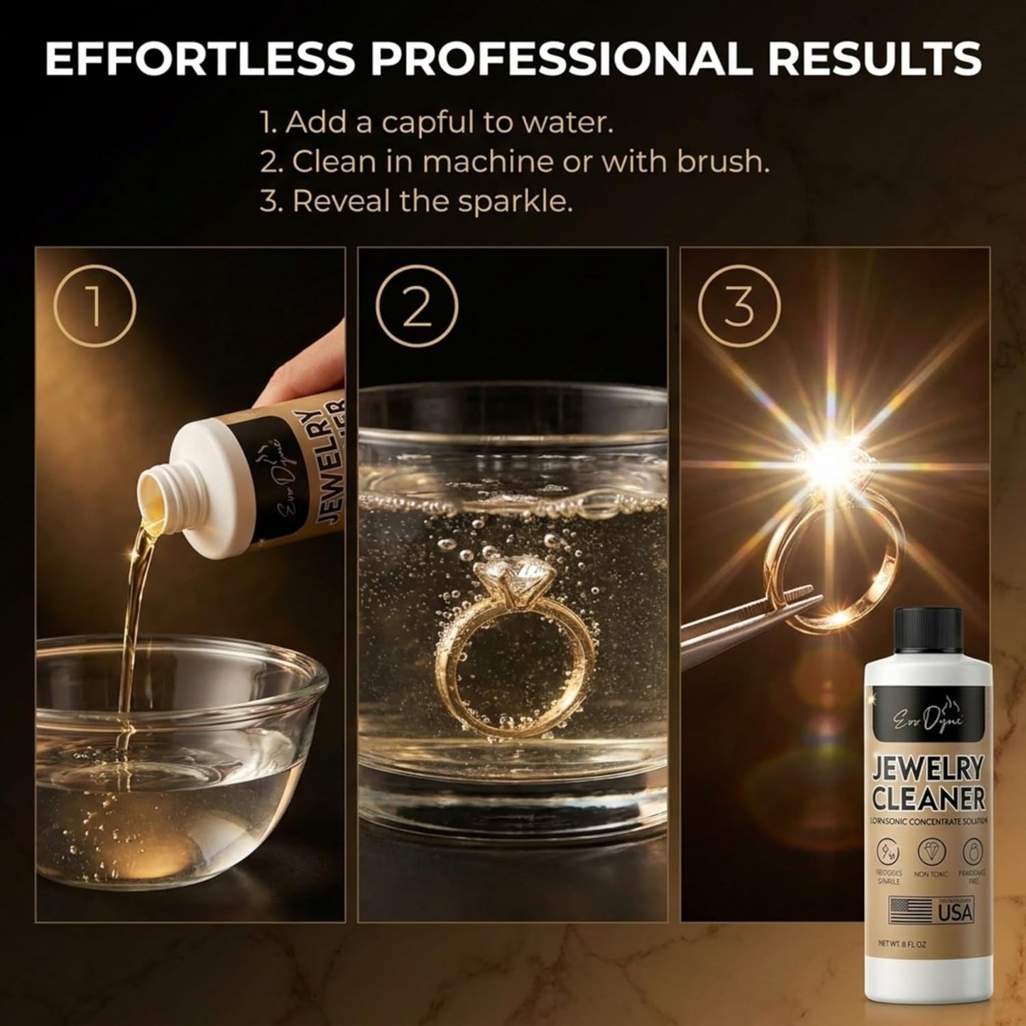 Ultrasonic Jewelry Cleaner Solution (2-Pack) Concentrated Jewelry Cleaner for Diamonds, Gold, Silver & More | Compatible with Ultrasonic Machine (S) - Made in USA - 8Oz per Bottle