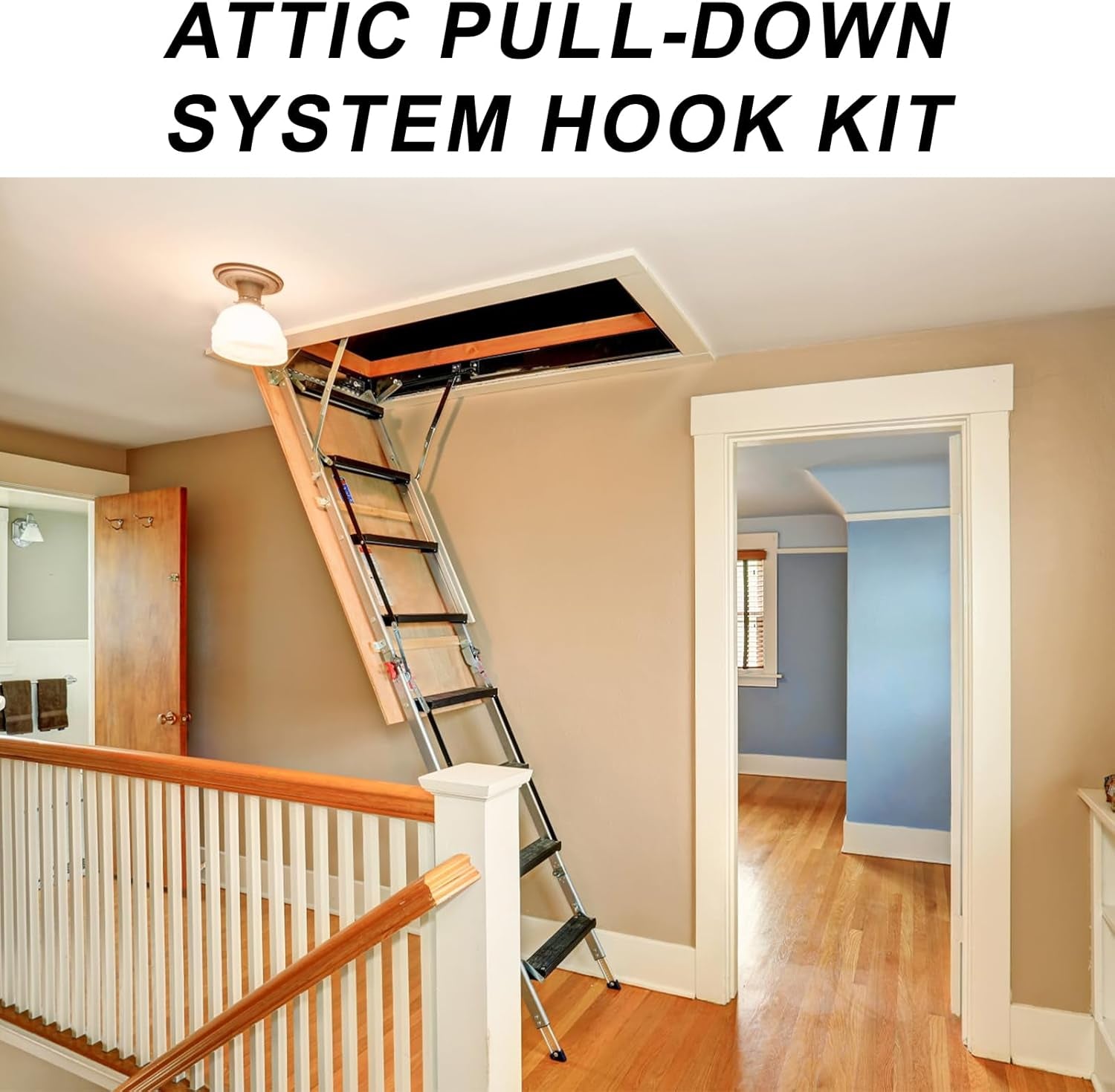 Ladder Pull down System Kit, Attic Ladder Pull down System Loft Stair Pull Kit Telescopic Pull down Rod up to 59 Inch Extension Pole with Hooks & Screws for Attic Ladder Accessories Tools
