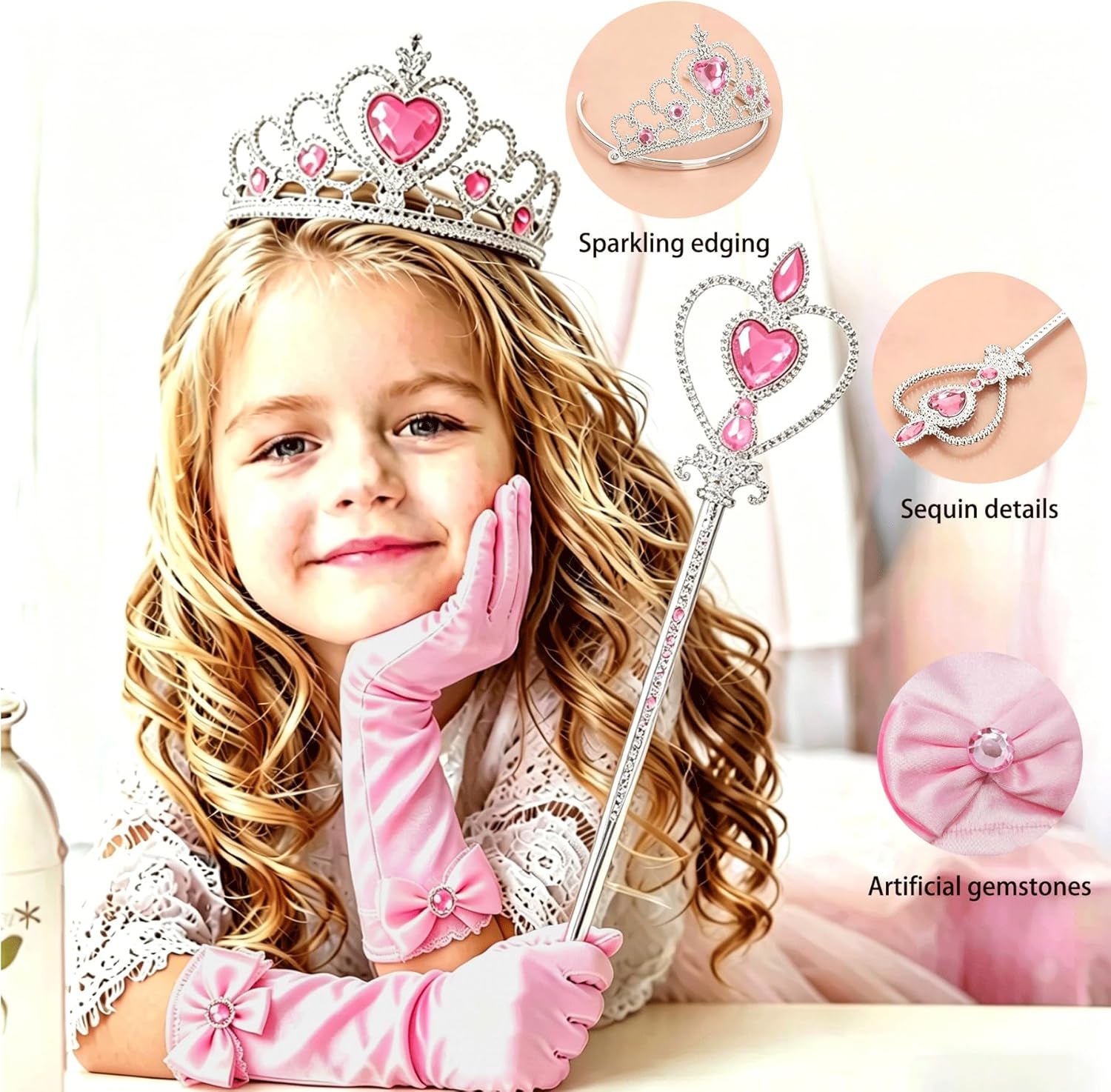 Orgrimmar Princess Dress up Accessories, Princess Crown Wand Gloves Necklaces Earrings for Girls, Presents for Kids Children