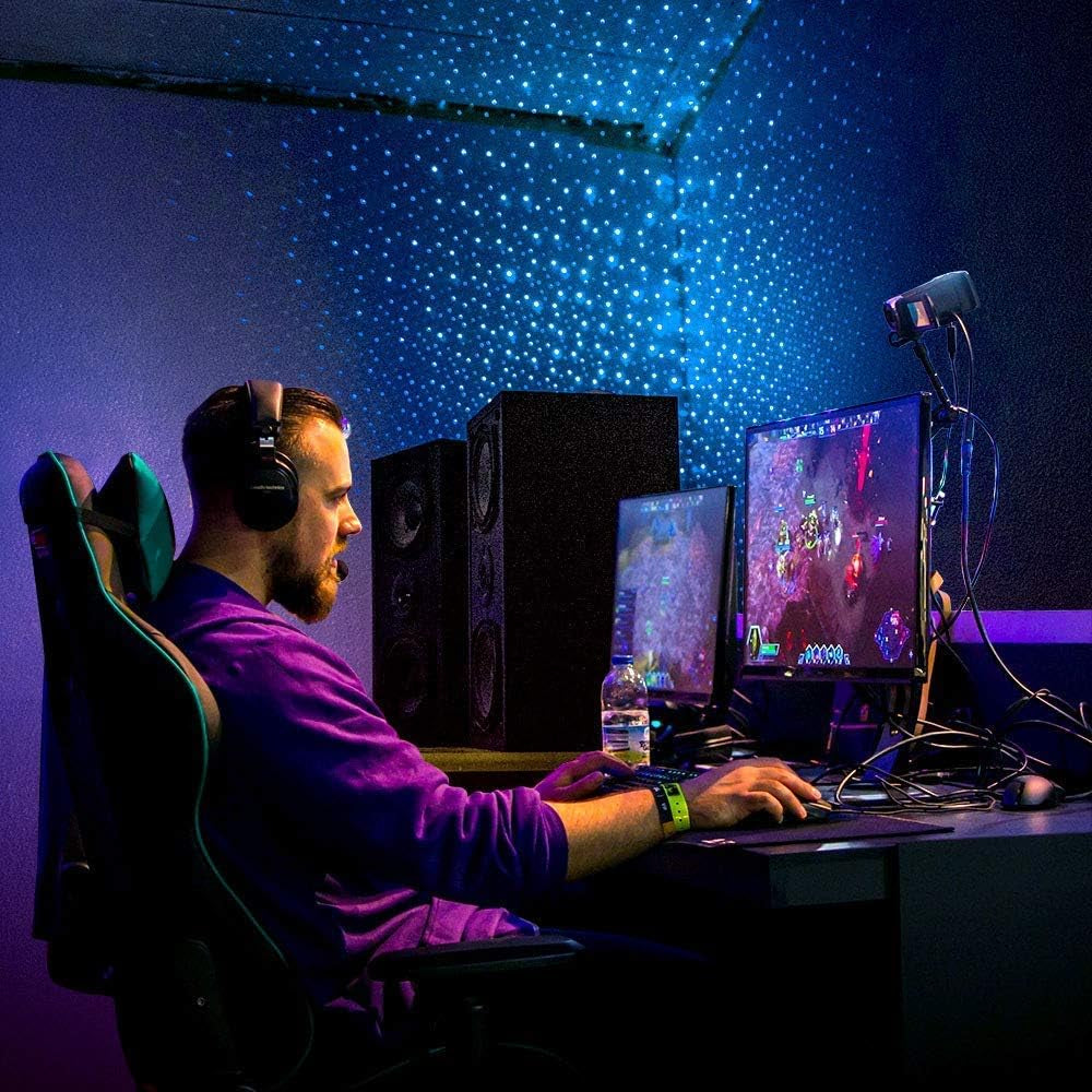 Blisslights Starport USB Laser Star Projector for Game Room Decor, Bedroom Night Light, or Galaxy Mood Lighting Ambiance (Blue)
