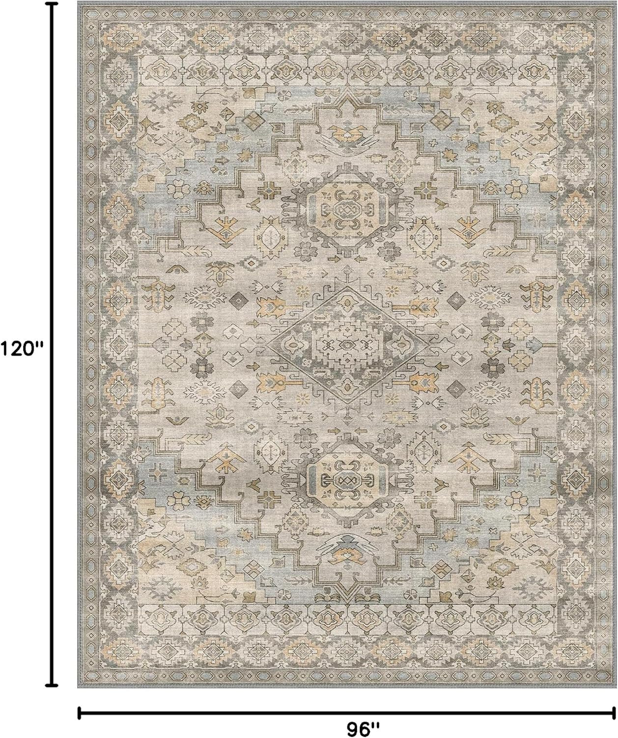 GENIMO 8X10 Area Rugs for Living Room, Machine Washable Non Slip Vintage Rugs, Low Pile Lightweight Chenille Print Rug for Bedroom, Dining Room, Home Office, Antique Taupe
