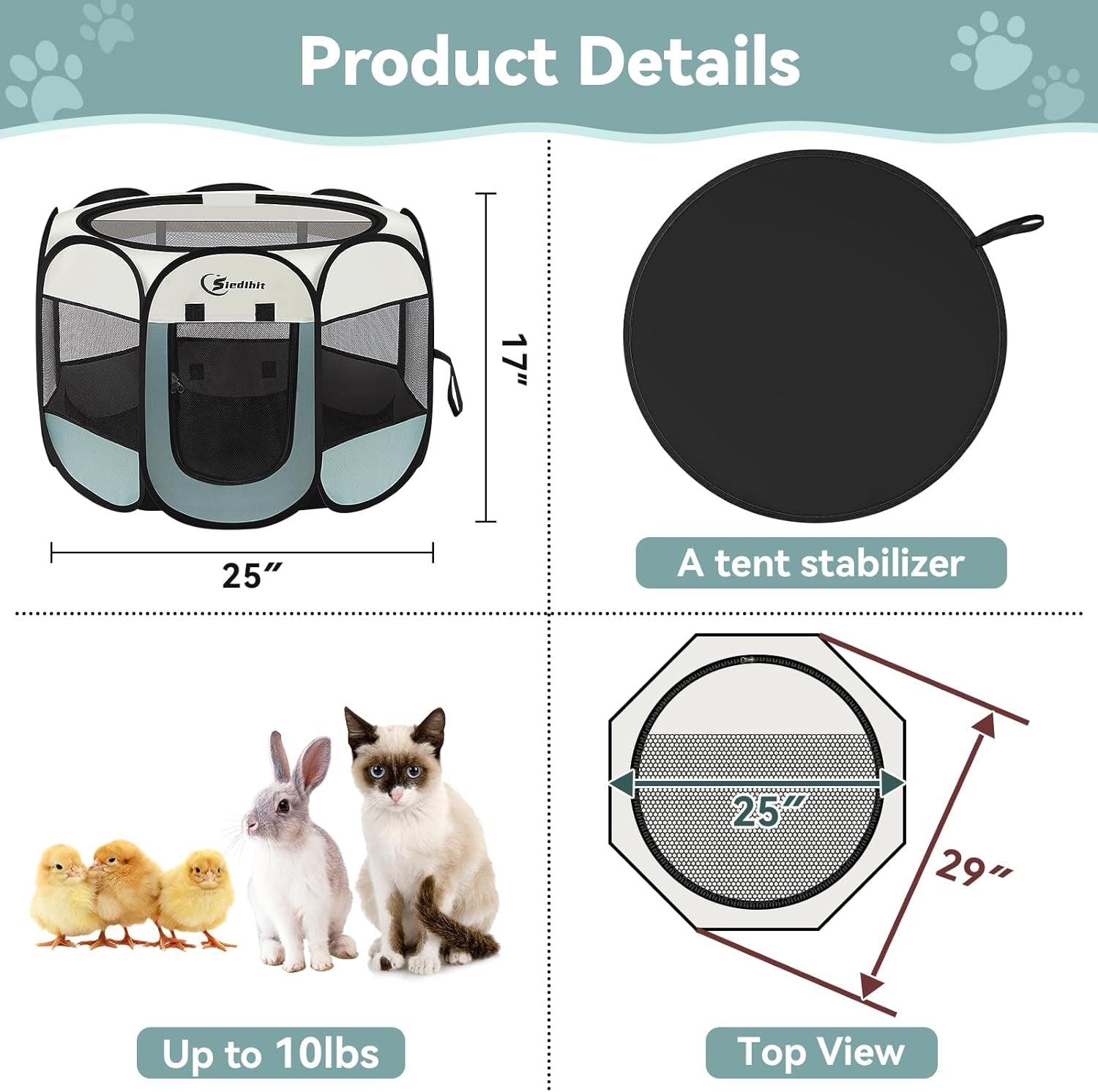 Siedihit Dog Cat Playpen, Puppy Pet Playpen Indoor for Small Dog Crate Tent Cage Outdoor, Portable Pop up Dogs Enclosure Kennel with Carrying Case for Dogs/Cats/Rabbits(Grey, Small