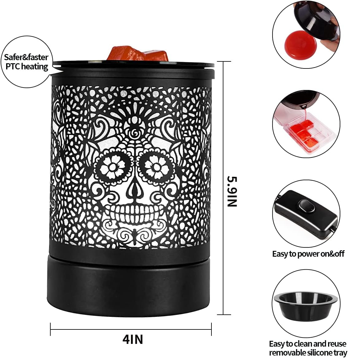 Enaroma Fragrance Wax Melts Warmer with 7 Colors LED Changing Light Classic Black Forest Design Scent Oil Candle Warmer for Home Skull
