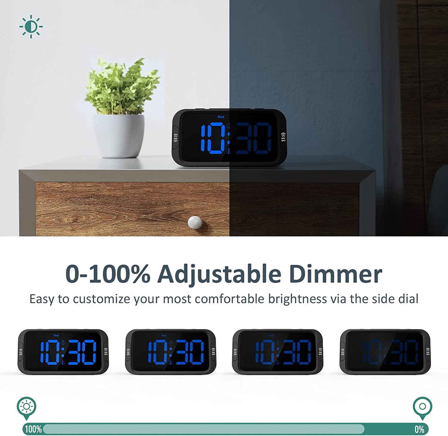 Odokee Digital Dual Alarm Clock for Bedroom, Easy to Set, 0-100% Dimmer, USB Charger, 5 Sounds Adjustable Volume, Weekday/Weekend Mode, Snooze, 12/24Hr, Battery Backup, Compact for Bedside(Blue)