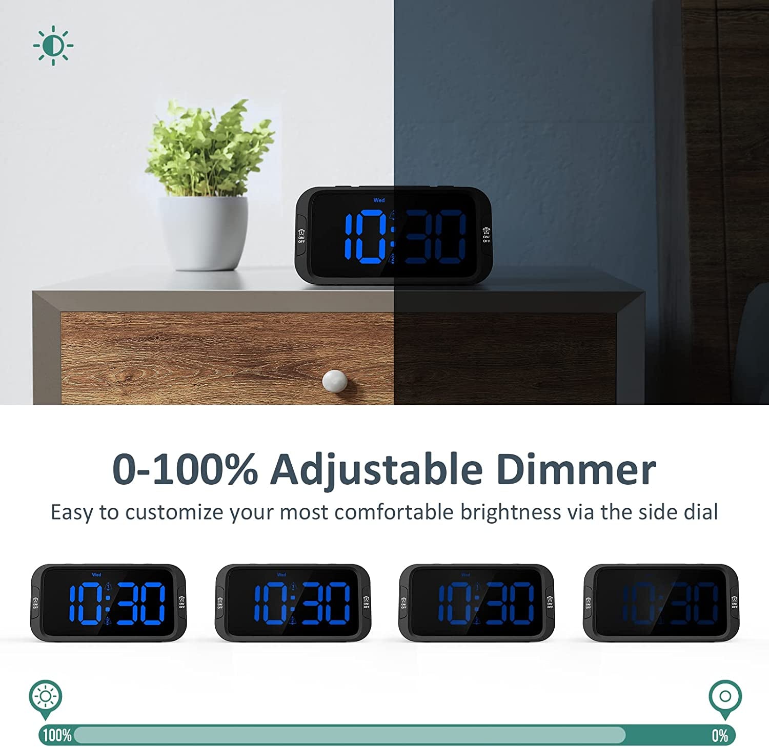 Odokee Digital Dual Alarm Clock for Bedroom, Easy to Set, 0-100% Dimmer, USB Charger, 5 Sounds Adjustable Volume, Weekday/Weekend Mode, Snooze, 12/24Hr, Battery Backup, Compact for Bedside(Blue)