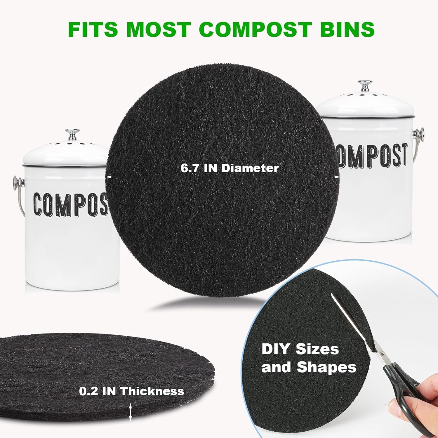 Charcoal Filters for Kitchen Compost Bin, 10 Pack Compost Filters for Countertop Bin Pail Replacement, Activated Charcoal Home Bucket Refill Sets, round 6.7 Inch