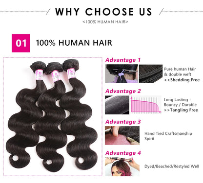 Beautyforever Body Wave Virgin Human Hair Bundles Deep Wave Thick 12A Brazilian Raw Virgin Hair Weave Straight 3/4 Bundles