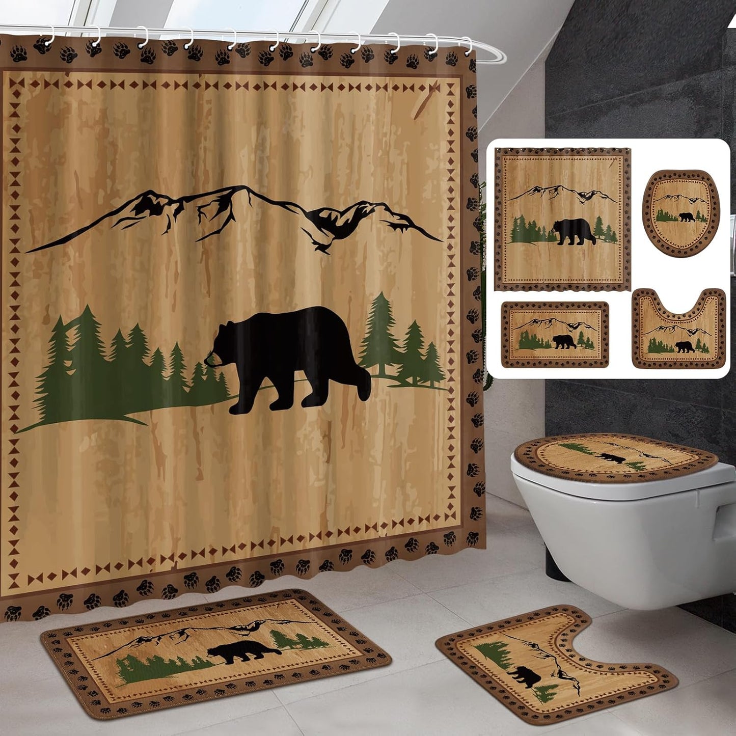 Drydiet 4 Pcs Bear Shower Curtain Set Rustic Cabin Bathroom Decor Farmhouse Waterproof Bear Shower Curtain with Non Slip Rug Toilet Lid Cover Bath Mat and 12 Hooks for Bathroom Decor 71 X 71 Inch