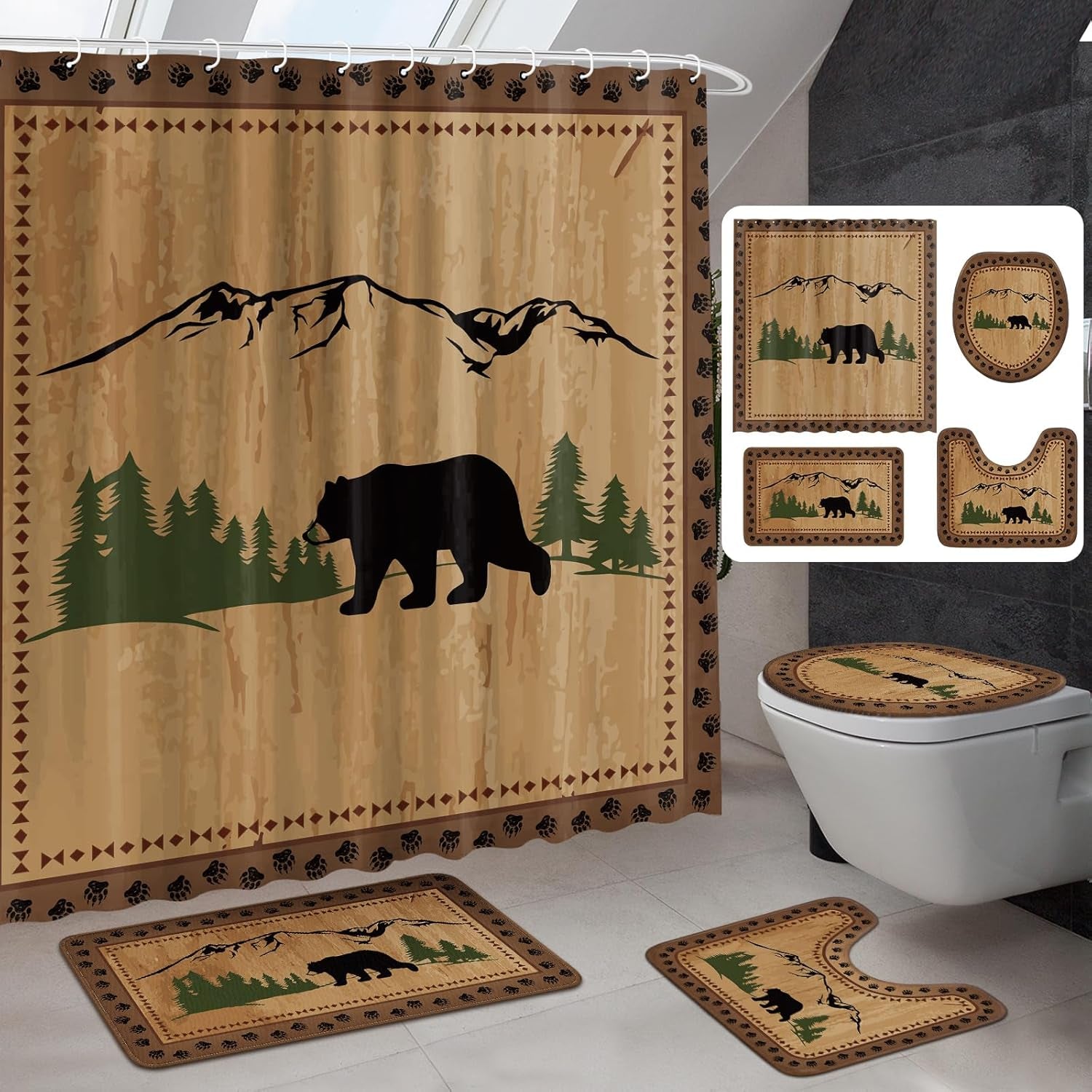 Drydiet 4 Pcs Bear Shower Curtain Set Rustic Cabin Bathroom Decor Farmhouse Waterproof Bear Shower Curtain with Non Slip Rug Toilet Lid Cover Bath Mat and 12 Hooks for Bathroom Decor 71 X 71 Inch
