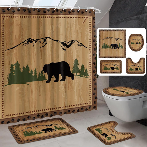 Drydiet 4 Pcs Bear Shower Curtain Set Rustic Cabin Bathroom Decor Farmhouse Waterproof Bear Shower Curtain with Non Slip Rug Toilet Lid Cover Bath Mat and 12 Hooks for Bathroom Decor 71 X 71 Inch