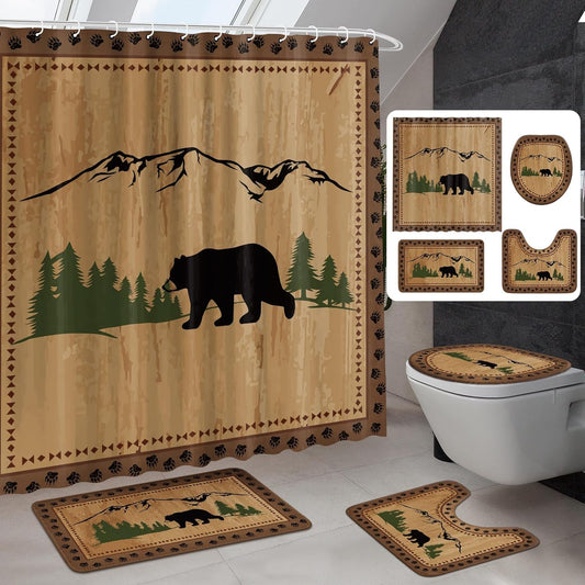 Drydiet 4 Pcs Bear Shower Curtain Set Rustic Cabin Bathroom Decor Farmhouse Waterproof Bear Shower Curtain with Non Slip Rug Toilet Lid Cover Bath Mat and 12 Hooks for Bathroom Decor 71 X 71 Inch
