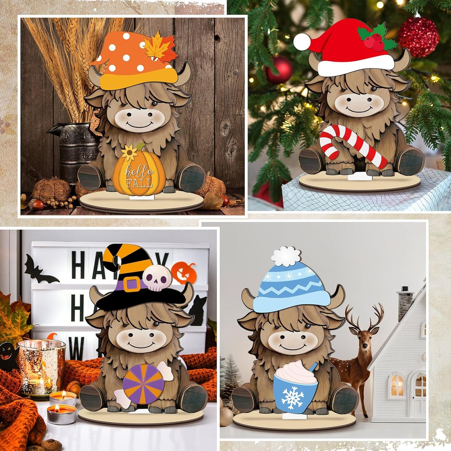 Menkxi Interchangeable Highland Cow Decor Seasonal Wooden Signs Farmhouse Table Centerpiece with Holiday Icon Rustic Cow Tiered Tray Decor Patriotic Spring Summer Decorations for Home Office Desk Gift