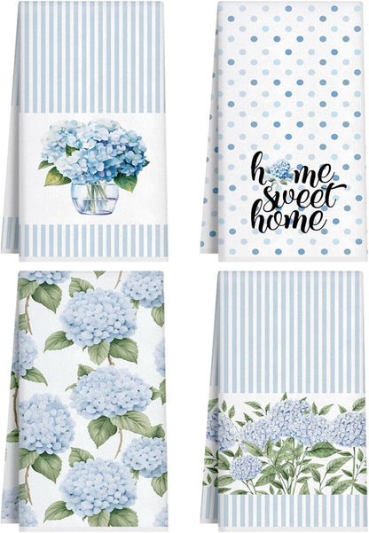 Fuweave 4 Pack Blue Hydrangea Kitchen Hand Towels Farmhouse Blue Hydrangea Decor, 18X26 Inch Summer Flowers Decorative Spring Floral Tea Dish Towels for Kitchen Bathroom