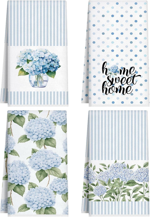 Fuweave 4 Pack Blue Hydrangea Kitchen Hand Towels Farmhouse Blue Hydrangea Decor, 18X26 Inch Summer Flowers Decorative Spring Floral Tea Dish Towels for Kitchen Bathroom