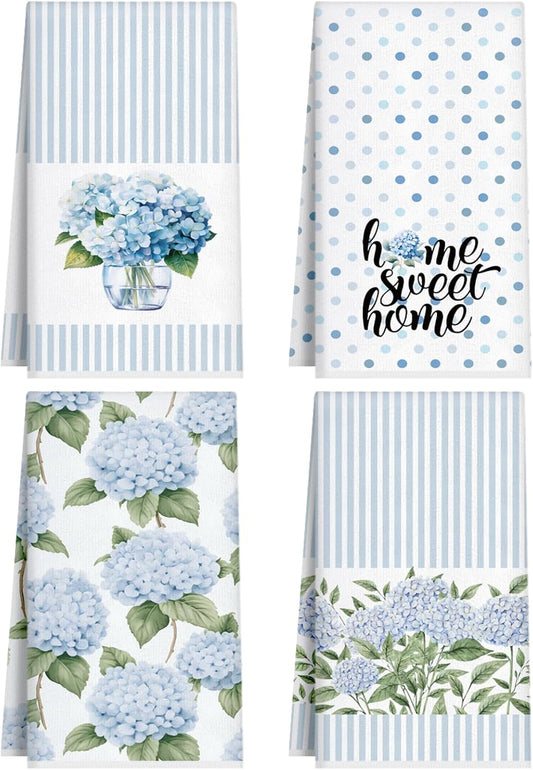 Fuweave 4 Pack Blue Hydrangea Kitchen Hand Towels Farmhouse Blue Hydrangea Decor, 18X26 Inch Summer Flowers Decorative Spring Floral Tea Dish Towels for Kitchen Bathroom