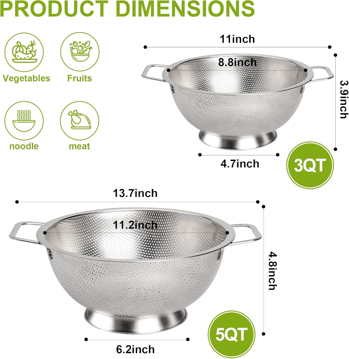 Gulex Colander Stainless Steel 3-Quart, Strainer for Kitchen Food, Dishwasher Safe