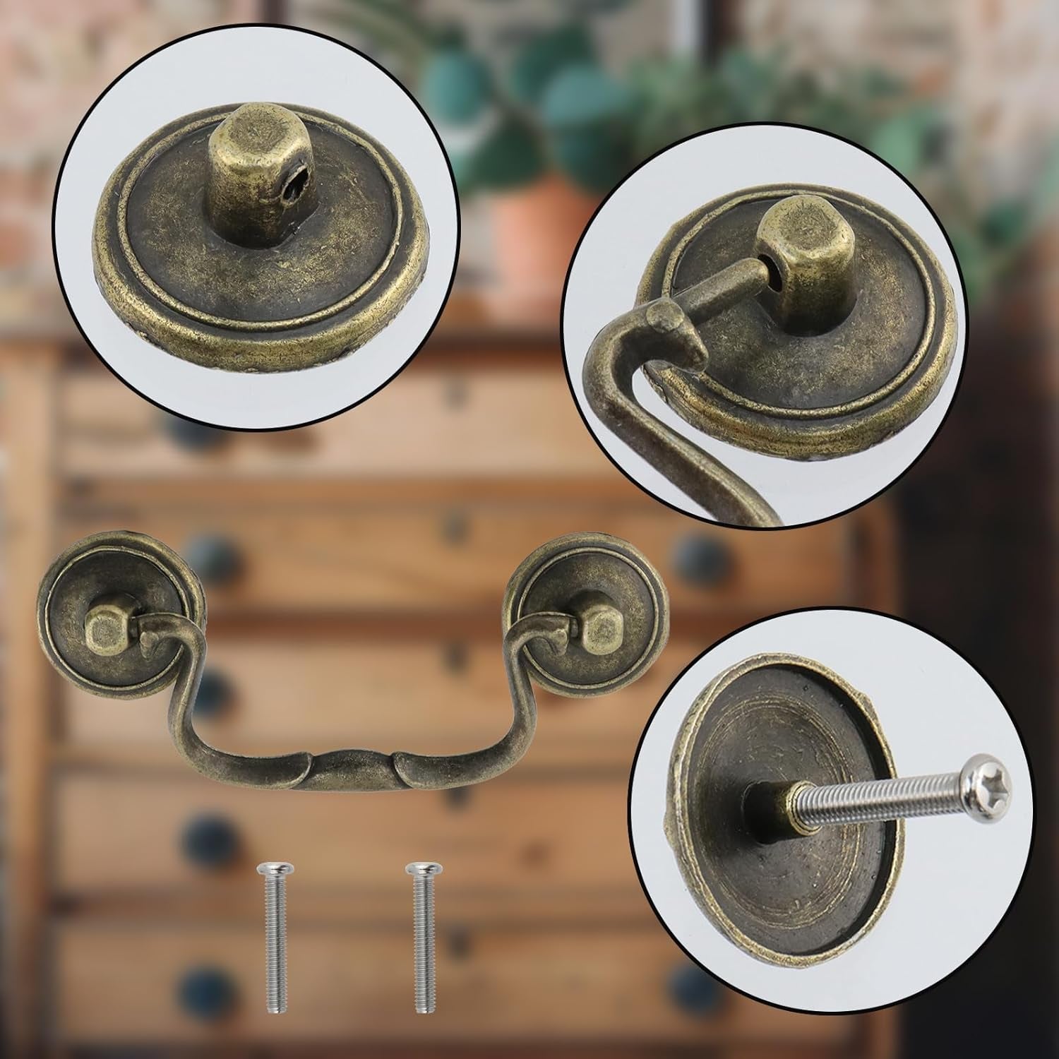 6 Pcs Antique Bail Handle Drop Pulls Vintage Bronze Drop Bail Drawer Pulls Cabinet Pull Handles for Closets, Cabinet, Drawer, Furniture (3.3" Hole Centers, 4.4" Total Length)