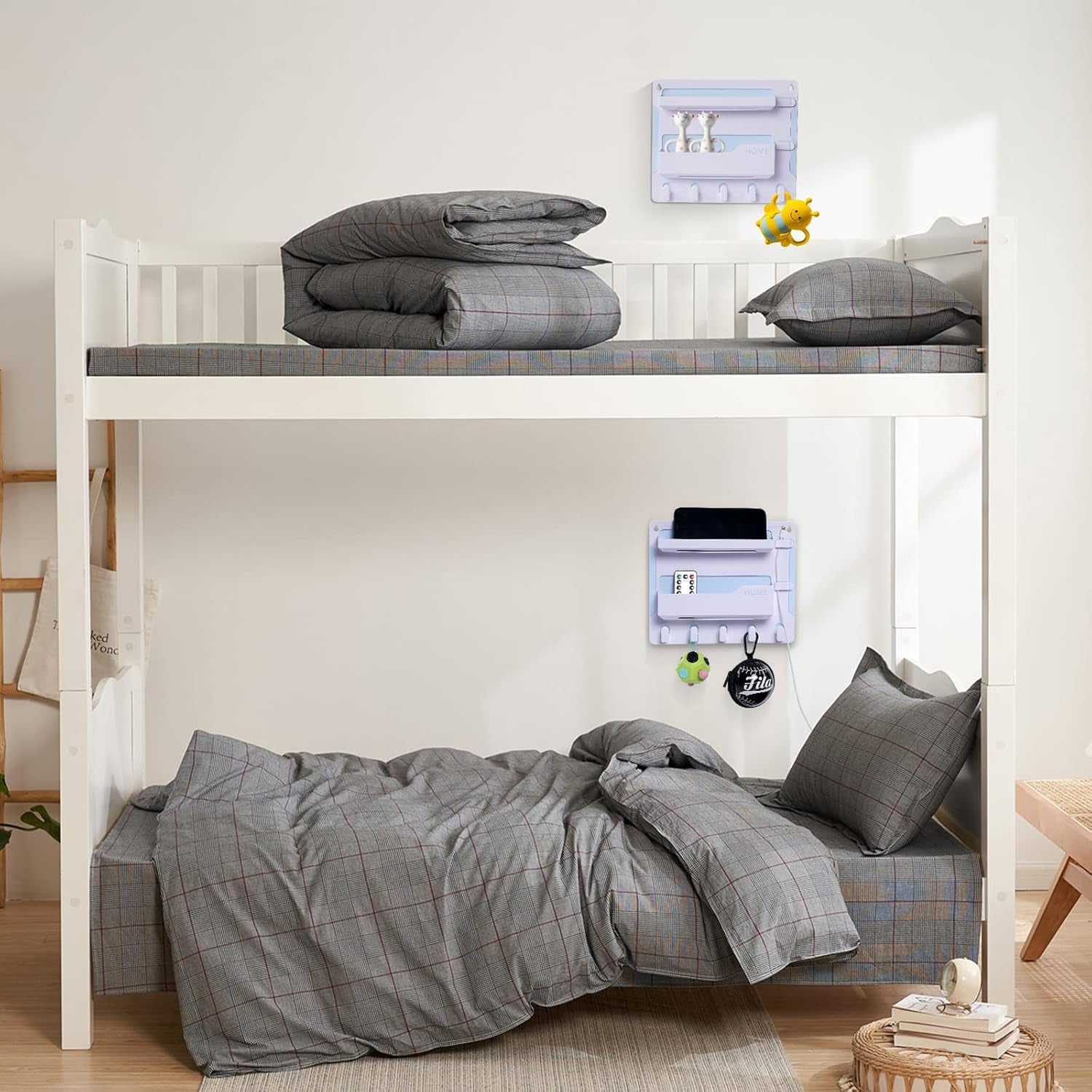 Bedside Shelf Wall Mount, Adhesive Bedside Shelf Accessories Organizer with Hooks and Cable Clips,Dorm Bedside Wall Storage for Phone, Remote, Earphone, Kindle,Plastic(White)