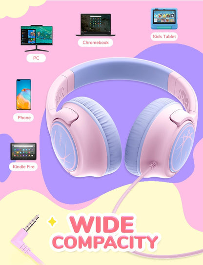 Iclever Kids Headphones with Cord, 85Dba Safe Volume Wired Headphonesf or Kid, Stereo Sound Foldable Adjustable, 3.5Mm Jack, over Ear Child Headphone for School/Boys/Girls/Ipad/Tablet/Travel, Pink