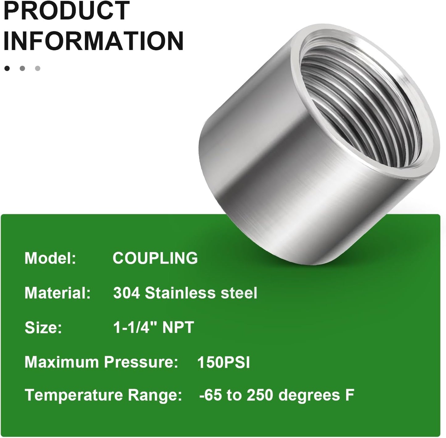 TAISHER 2PCS 304 Stainless Steel Cast Pipe Fitting, Coupling, 1-1/4" X 1-1/4" NPT Female Threaded