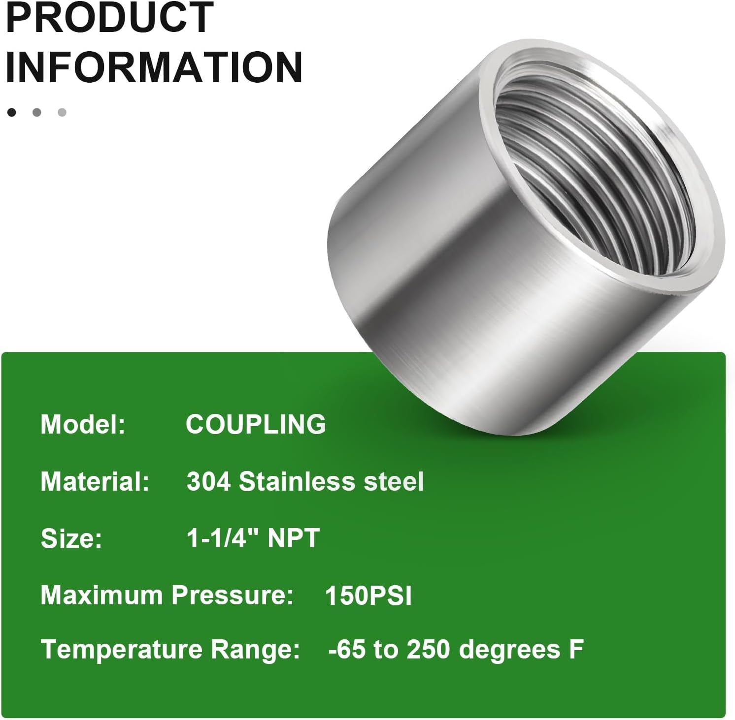 TAISHER 2PCS 304 Stainless Steel Cast Pipe Fitting, Coupling, 1-1/4" X 1-1/4" NPT Female Threaded
