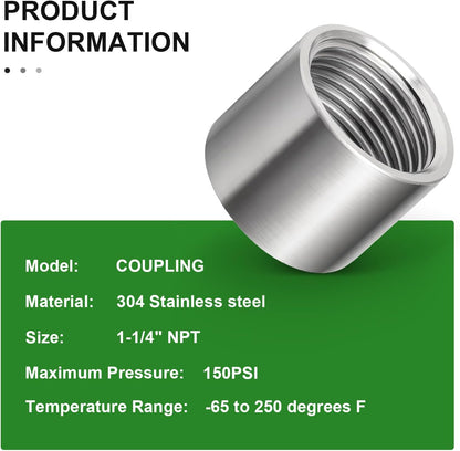 TAISHER 2PCS 304 Stainless Steel Cast Pipe Fitting, Coupling, 1-1/4" X 1-1/4" NPT Female Threaded