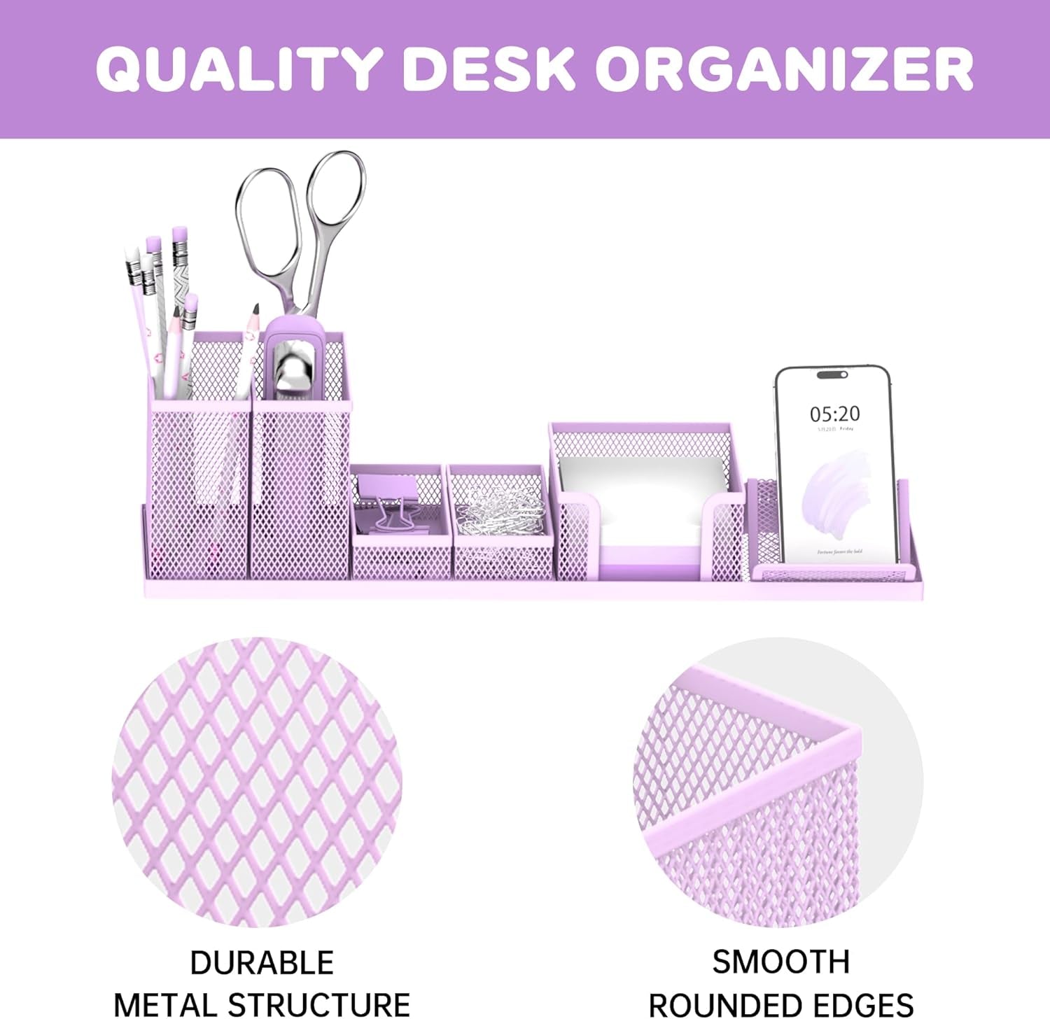 SUPEASY Pen Holder for Desk, 6 Piece Mesh Desk Organizer Set for Office Organization with Mail Organizer, Letter Phone Holder, Sticky Notes Caddy Storage, Purple