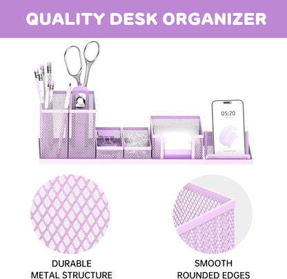 SUPEASY Pen Holder for Desk, 6 Piece Mesh Desk Organizer Set for Office Organization with Mail Organizer, Letter Phone Holder, Sticky Notes Caddy Storage, Purple