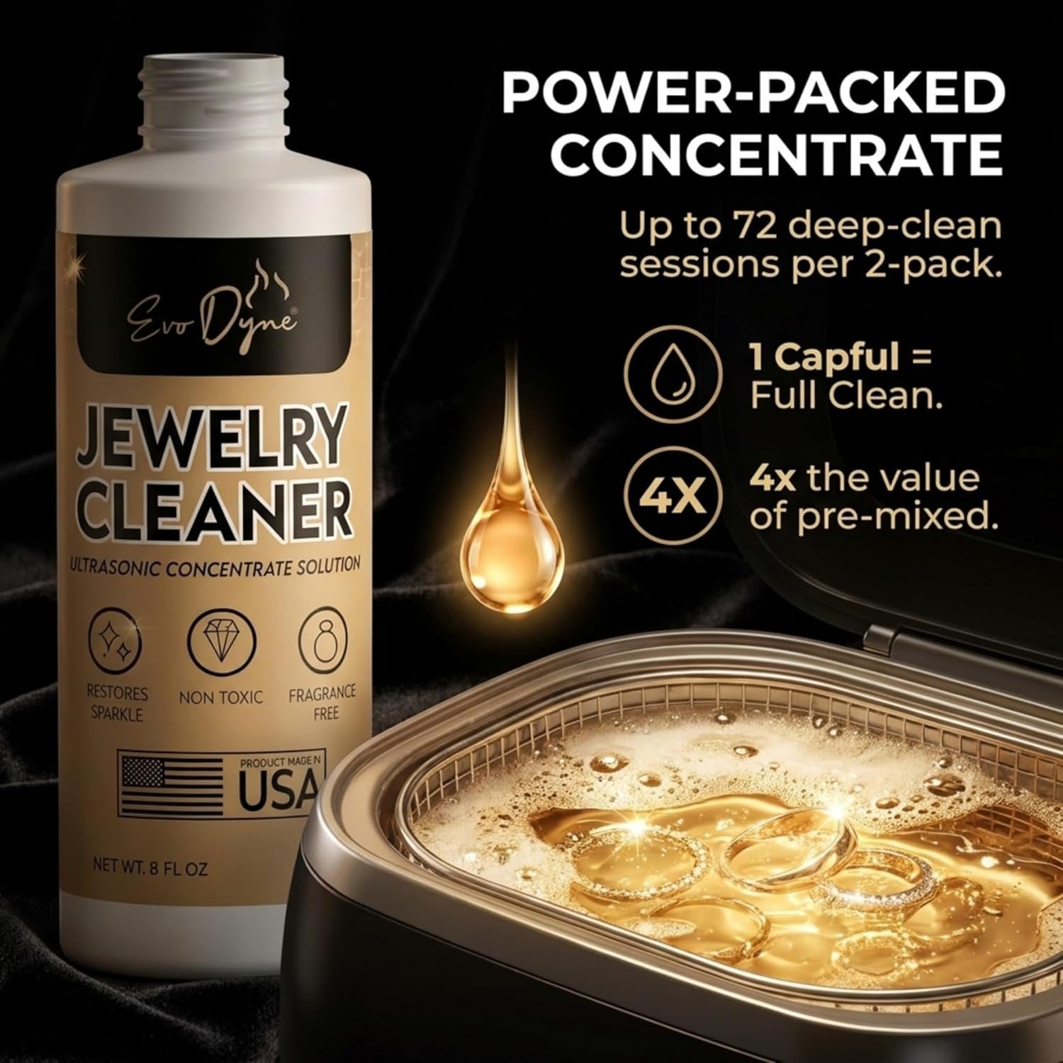 Ultrasonic Jewelry Cleaner Solution (2-Pack) Concentrated Jewelry Cleaner for Diamonds, Gold, Silver & More | Compatible with Ultrasonic Machine (S) - Made in USA - 8Oz per Bottle