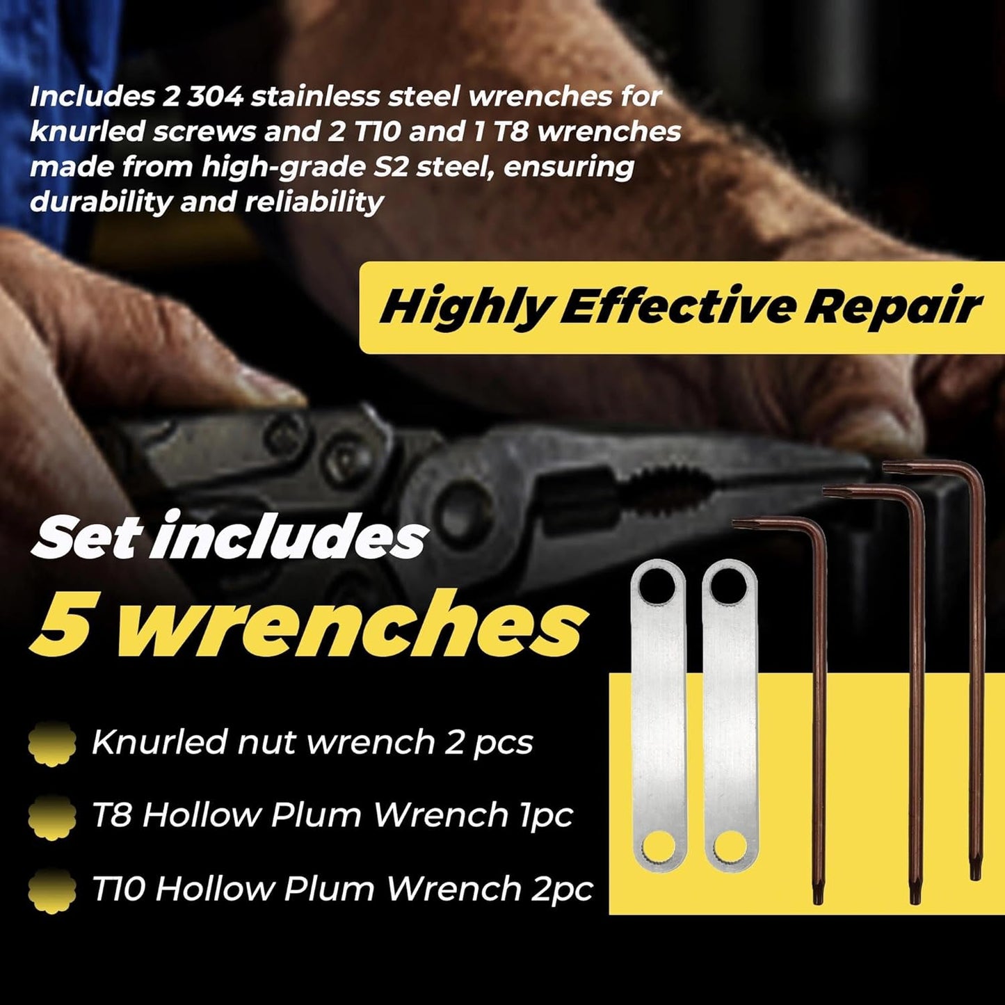 Wrench Set for Multi-Tools - Includes 2 304 Stainless Steel Knurled Nut Wrenches, 2 S2 Steel T10 & 1 T8 Wrenches, Ideal Addition to Multi-Tool Kit for Adjusting Screw Tightness