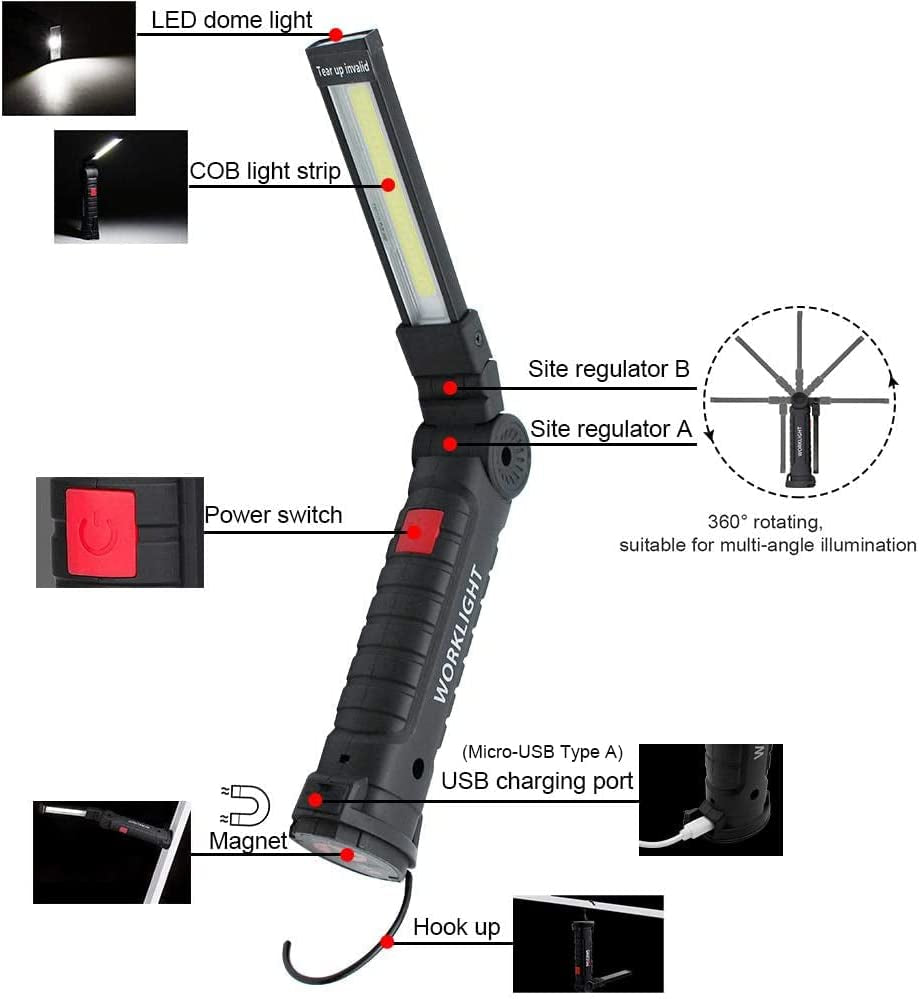 2Pack LED Work Lights, USB Rechargeable COB Light with Magnetic Base 360°Rotate and 5 Modes, Folding Flashlight Inspection Mechanic Light for Car Repairing, Workshop, Household and Emergency Use,Large