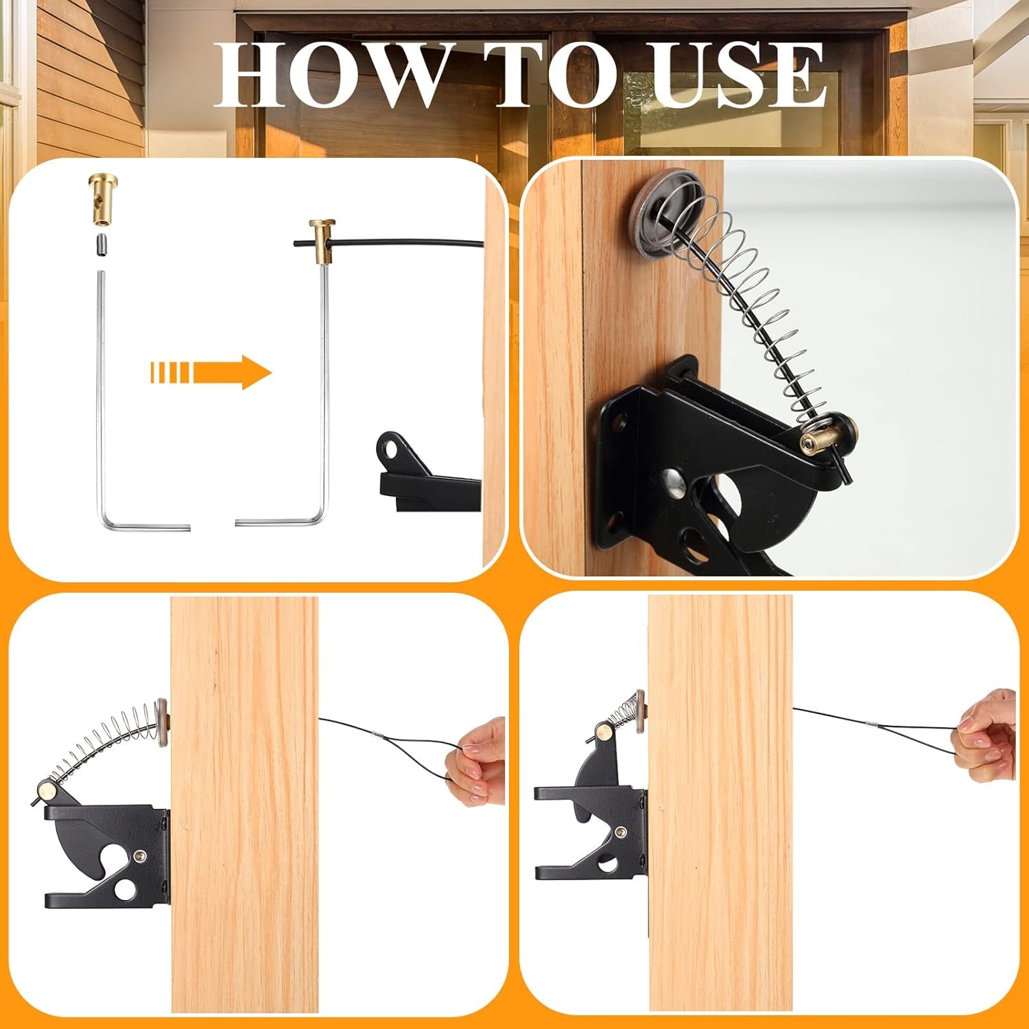 Hotop Self Locking Gate Gravity Latch for Wooden Fence, Heavy Duty Gravity Fence Latch with Stainless Steel Spring Loaded, Automatic Cable Pull Door for Outdoor Pool Metal Post Mount Garden Shed