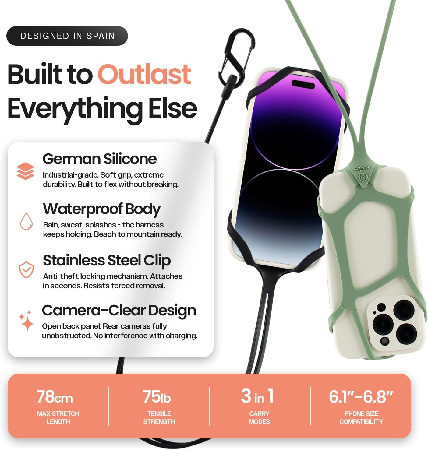 Pulpo Safety Cell Phone Lanyard Black Fits Smartphones 6.1" to 6.8” - anti Theft Phone Strap for Men & Women, Lanyards for Phones, Hiking Phone Holder & Cellphone Lanyard, Silicone Crossbody Straps