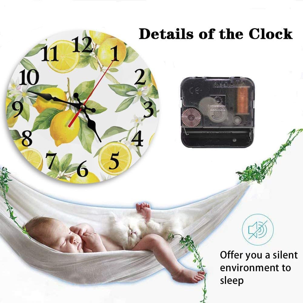 Britimes round Wall Clock Silent Non-Ticking Battery Operated Clock 10 Inch, Summer Lemon Home Decor for Living Room, Kitchen, Bedroom, and Office