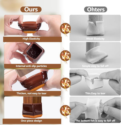 16Pcs Square Chair Leg Floor Protectors with Thickened Felt Pads Silicone Chair Leg Covers Caps to Protect Hardwood Tile Floors Furniture Feet Reduce Noise (Brown S Fit 0.87"-1.10")