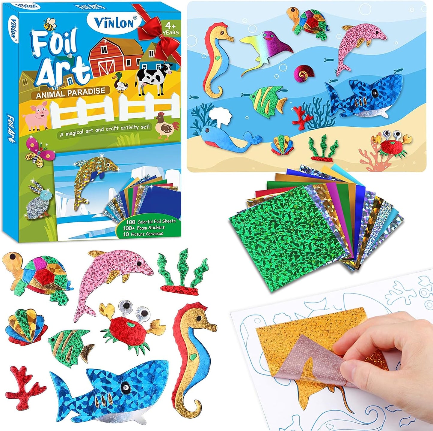 Vinlon Foil Fun Art Kit for Kids -DIY Craft Supplies Ocean Farm Animals Themes, Great Road Trip Travel Activities, Easter Basket Stuffers for Boys Girls Valentine'S Day Gift Ages 4-8 and Up