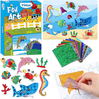 Vinlon Foil Fun Art Kit for Kids -DIY Craft Supplies Ocean Farm Animals Themes, Great Road Trip Travel Activities, Easter Basket Stuffers for Boys Girls Valentine'S Day Gift Ages 4-8 and Up