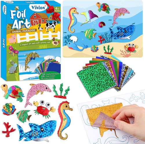 Vinlon Foil Fun Art Kit for Kids -DIY Craft Supplies Ocean Farm Animals Themes, Great Road Trip Travel Activities, Easter Basket Stuffers for Boys Girls Valentine'S Day Gift Ages 4-8 and Up