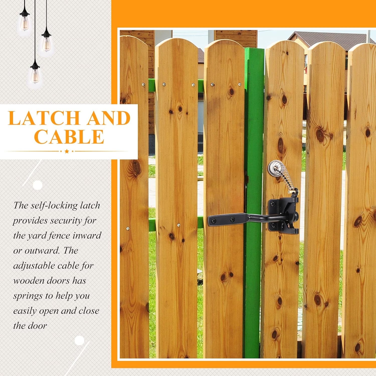 Hotop Self Locking Gate Gravity Latch for Wooden Fence, Heavy Duty Gravity Fence Latch with Stainless Steel Spring Loaded, Automatic Cable Pull Door for Outdoor Pool Metal Post Mount Garden Shed
