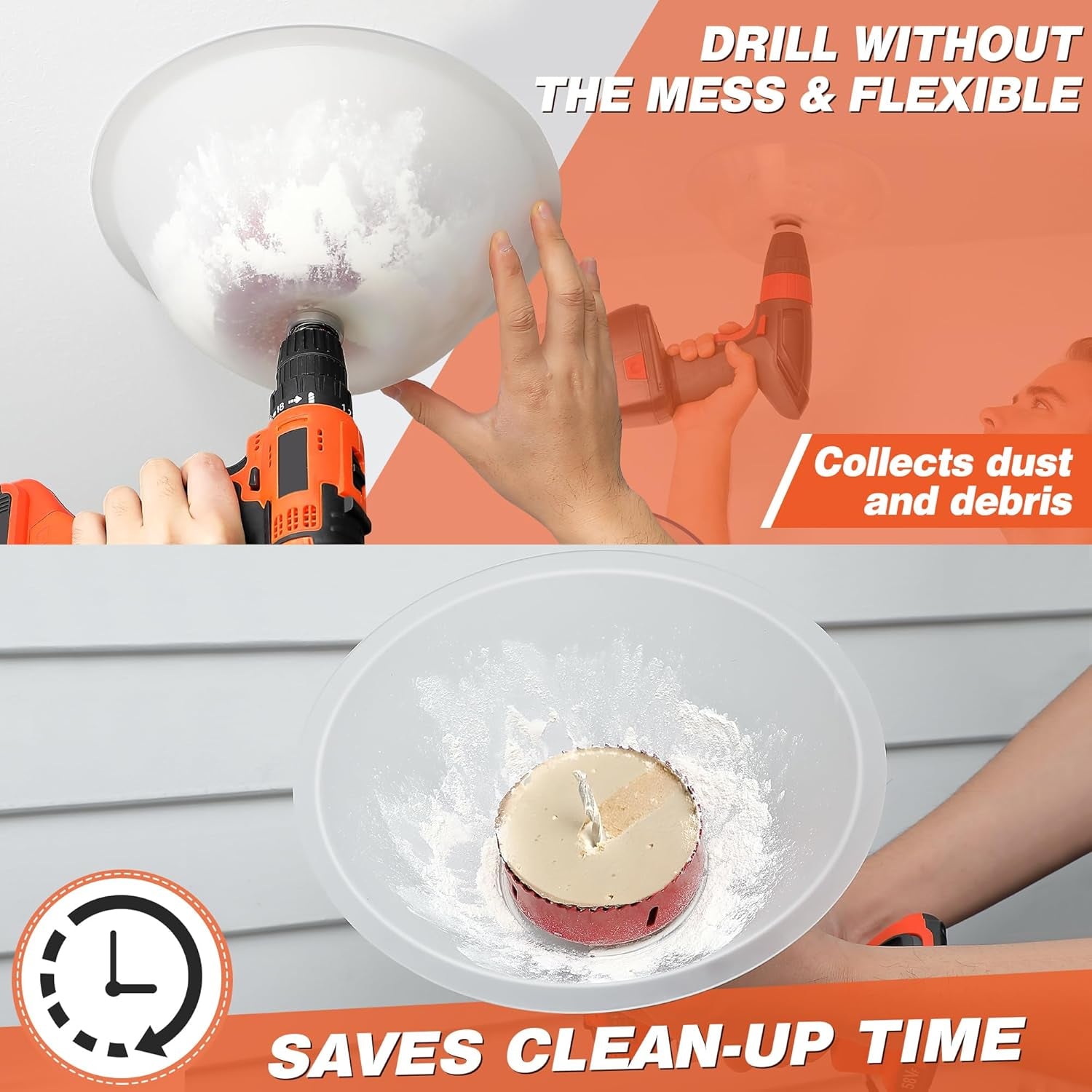 1 Pack Drill Dust Bowl & Hole Saw Dust Bowl for Drilling, Installing Recessed Lights and Works with All Hole Saws, Silicone Transparent Drill Sawdust Collector, Adds Bearings for Durability