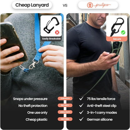 Pulpo Safety Cell Phone Lanyard Black Fits Smartphones 6.1" to 6.8” - anti Theft Phone Strap for Men & Women, Lanyards for Phones, Hiking Phone Holder & Cellphone Lanyard, Silicone Crossbody Straps