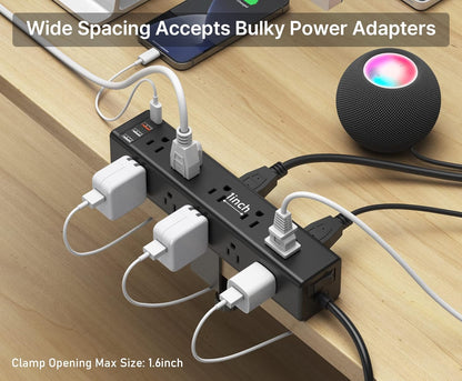 CCCEI Standing Desk Clamp Power Strip with 15 Outlets, Widely Spaced Desktop Edge Mount Surge Protector Outlet, Fast Charging USB-A and USB-C Ports, 6 FT Flat Plug, Black Fit 1.6 Inch Table Top.