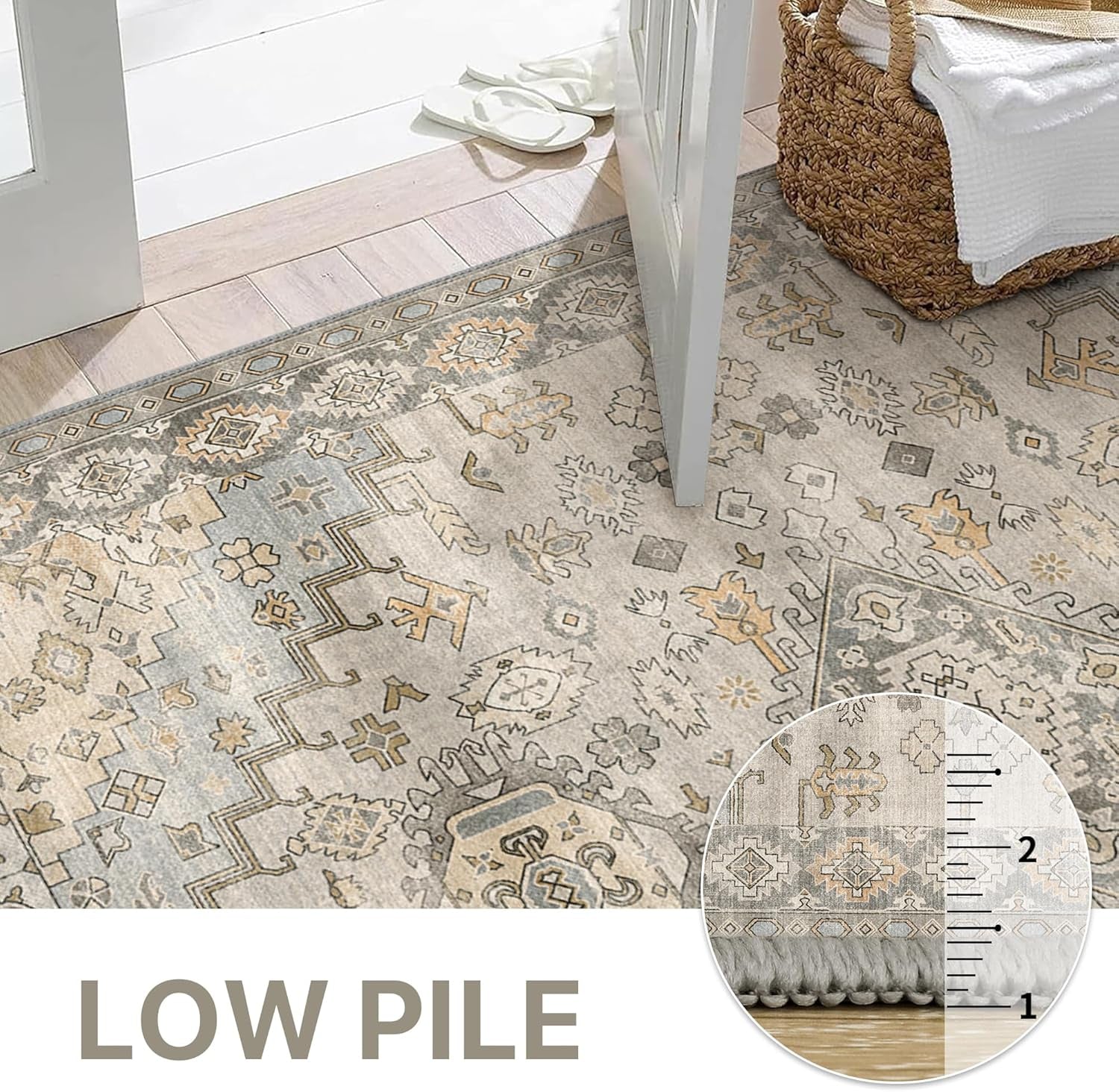 GENIMO 8X10 Area Rugs for Living Room, Machine Washable Non Slip Vintage Rugs, Low Pile Lightweight Chenille Print Rug for Bedroom, Dining Room, Home Office, Antique Taupe