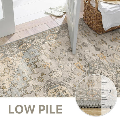 GENIMO 8X10 Area Rugs for Living Room, Machine Washable Non Slip Vintage Rugs, Low Pile Lightweight Chenille Print Rug for Bedroom, Dining Room, Home Office, Antique Taupe