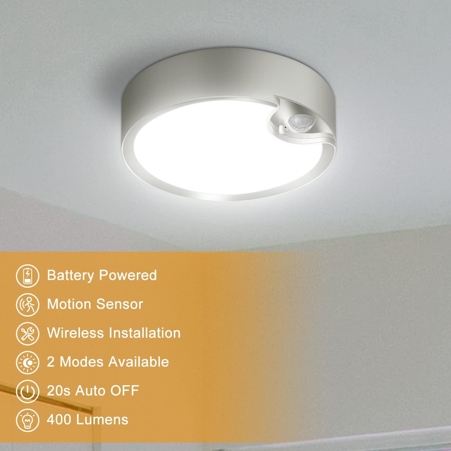Yurnero Motion Sensor Ceiling Light Battery Operated Battery Powered Ceiling Light with 400LM 6000K 7.8 Inch Motion Activated Light for Closet Stair Hallway Shower Shed Garage Pantry Basement Porch