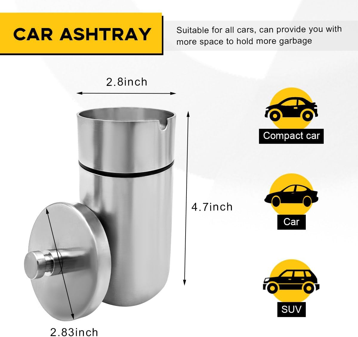 Ohleats Car Ashtray with Lid, Stainless Steel Smokeless Smell Proof Auto Ash Tray, Detachable Mini Portable Cup Holder Cigarette Ashtray for Vehicle Office Home, Car Accessories (Silver)