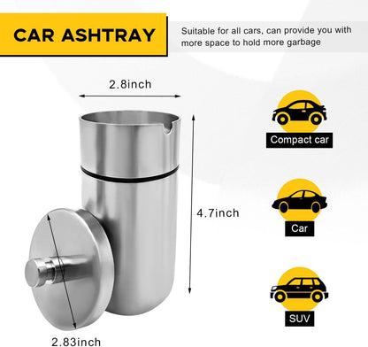 Ohleats Car Ashtray with Lid, Stainless Steel Smokeless Smell Proof Auto Ash Tray, Detachable Mini Portable Cup Holder Cigarette Ashtray for Vehicle Office Home, Car Accessories (Silver)